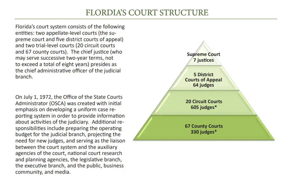 An image showing Florida's Court Structure displayed in a pyramid graph with the Supreme Court (7 justices) at the top, followed by 5 District Court of Appeal (64 Judges), 20 Circuit Courts (605 judges), and 67 County Courts (330 judges) at the bottom of the graph. 
