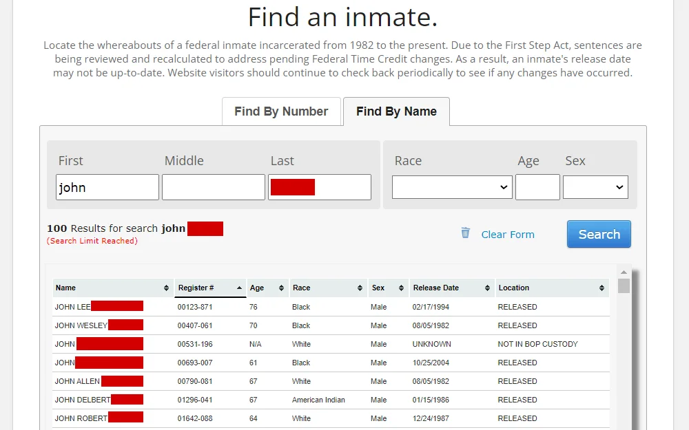 A screenshot from the Bureau of Prisons search result from an inmate search by name shows the list of inmates with their full name, register number, age, race, sex, release date, and location; a search page is also visible.