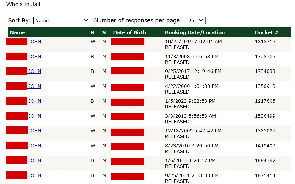 A screenshot from Pinellas County Sheriff's Office's Page showing the list of offenders who are in jail, with their full names, date of birth, booking date/location, and docket number; the sort option is also available at the top, including the number of responses per page.