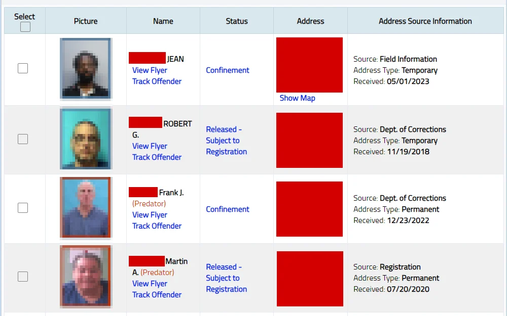 A screenshot of the offenders lists from the Florida Department of Law Enforcement with their mugshots, full name, status, address, and address source information.