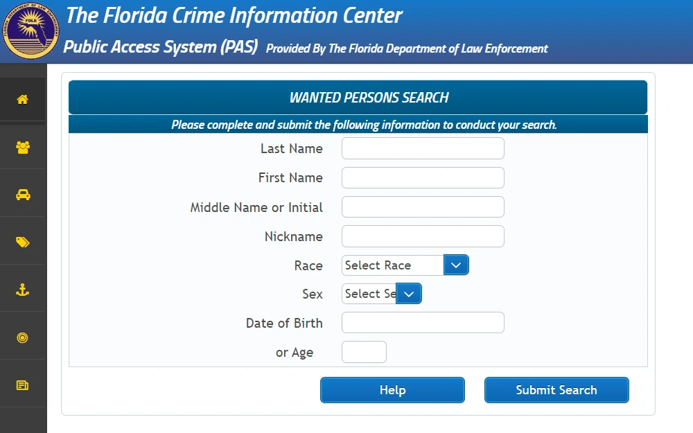 A screenshot of the Public Access System (PAS) provided by the Department of Law Enforcement showing the wanted person search page with the information needed to conduct a search which includes the full name, nickname, race, sex, DOB or age, submit and help button at the part of the page; the center's logo at the top left part of the page.