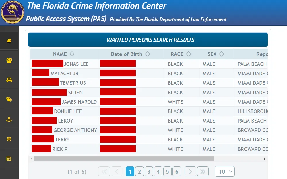 A screenshot of the Public Access System (PAS) provided by the Department of Law Enforcement shows the search result with the offender's details, including full name, DOB, race, sex, etc.; the yellow and blue center's logo at the top left corner. 