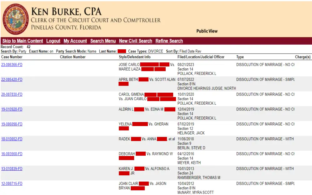 A screenshot displaying the public view case search results from Pinellas County Clerk of the Circuit Court and Comptroller website, showing the case number, citation number, style and defendant information, date the case was filed, location, judicial officer, and type of case.