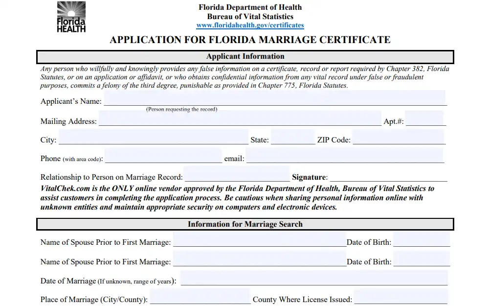 Screenshot of the form for marriage certificate application with sections for information of the person requesting, and marriage search information.