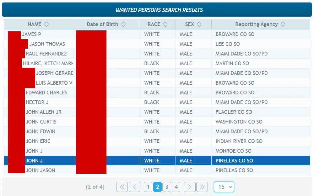 A screenshot of the search results from the Department of Law Enforcement of Florida, listing the wanted persons' names, birthdates, races, sexes, and reporting agencies.
