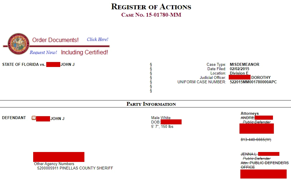 Screenshot of the register of actions of a defendant with a warrant, which displays the name, case number and type, and other party information.