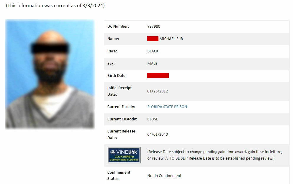 A screenshot of a detail of an inmate including his mugshot, name, DC number, race, sex, birthday, initial receipt date, current facility, current custody, current release date, confinement status, and a button that links to a third-party site.