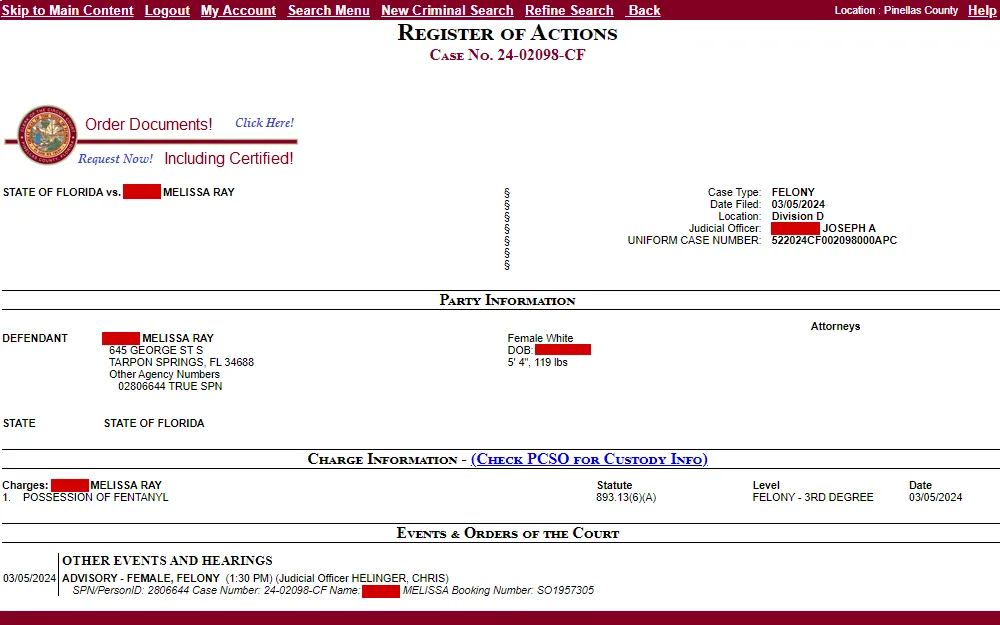 A screenshot of a register of actions containing the case number and details, party information, charge information, and events and orders information, together with hyperlinks for ordering documents, requesting certified copies, and checking custody information.