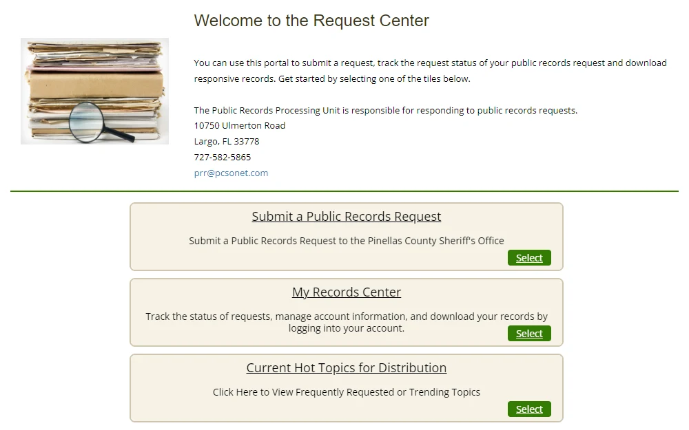 Screenshot of the online request center of Pinellas County Sheriff's Office, showing a short introduction followed by the buttons for submission of request, records center, and current hot topics.