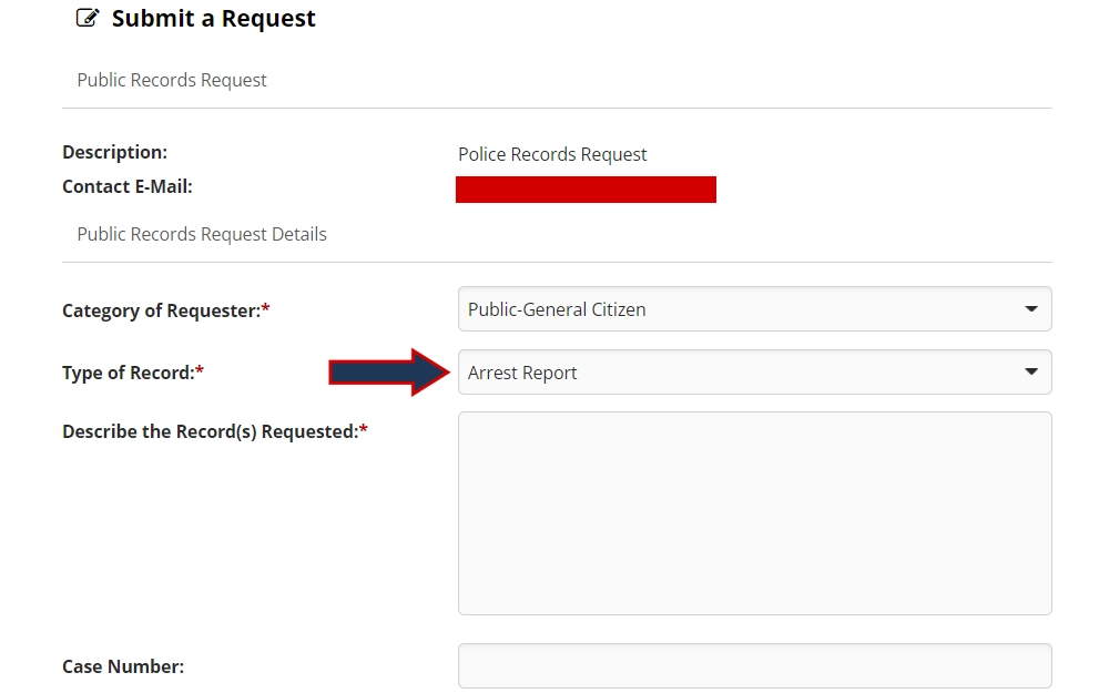 A screenshot of the online request submission form for public records, displaying the first few fields provided for category of requester, type of record, request description, and case number, with the drop down for type of record highlighted and filled with "arrest report."