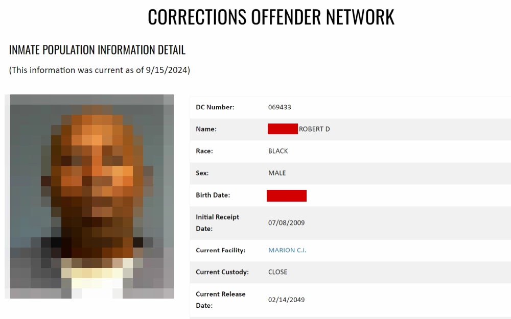 A screenshot showing inmate population details from the Florida Department of Corrections website, including DC number, name, race, sex, date of birth, and others.