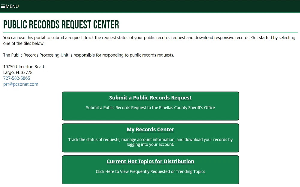 A screenshot featuring the public records request center from the Pinellas County Sheriff's Office website displays a menu of options to submit a public records request, track status, and view frequently requested or trending topics.